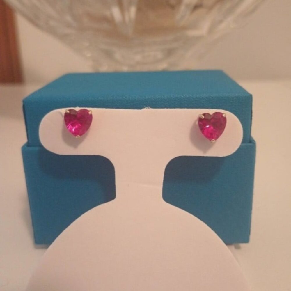 New JTV 10K Yellow Gold Lab Created Ruby Heart shaped Earrings Red